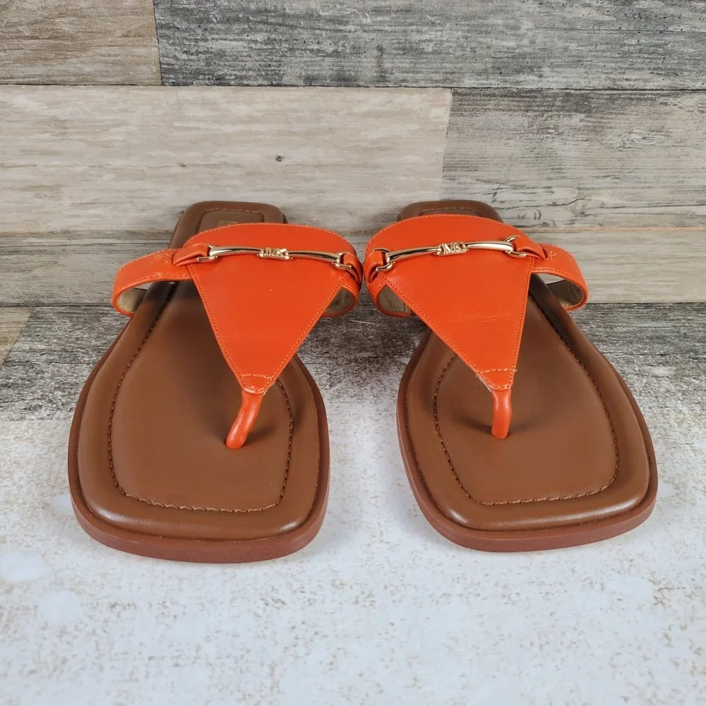 Michael Kors Lena Womens T-Strap Sandal Sz 6.5 M Orange Leather Slip On Open Toe
